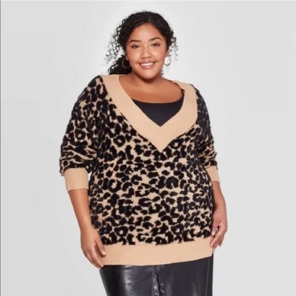 HP Ava & Viv Leopard V Neck Chunky Sweater - Picture 1 of 6